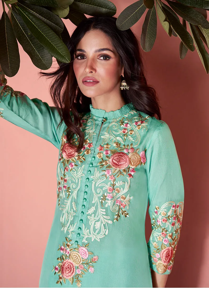 Teal Blue Multi Floral Embroidery Pakistani Pant Style Suit