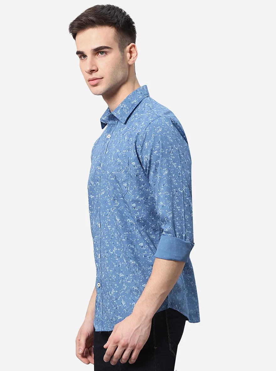 Teal Blue Printed Classic Fit Casual Shirt | Greenfibre