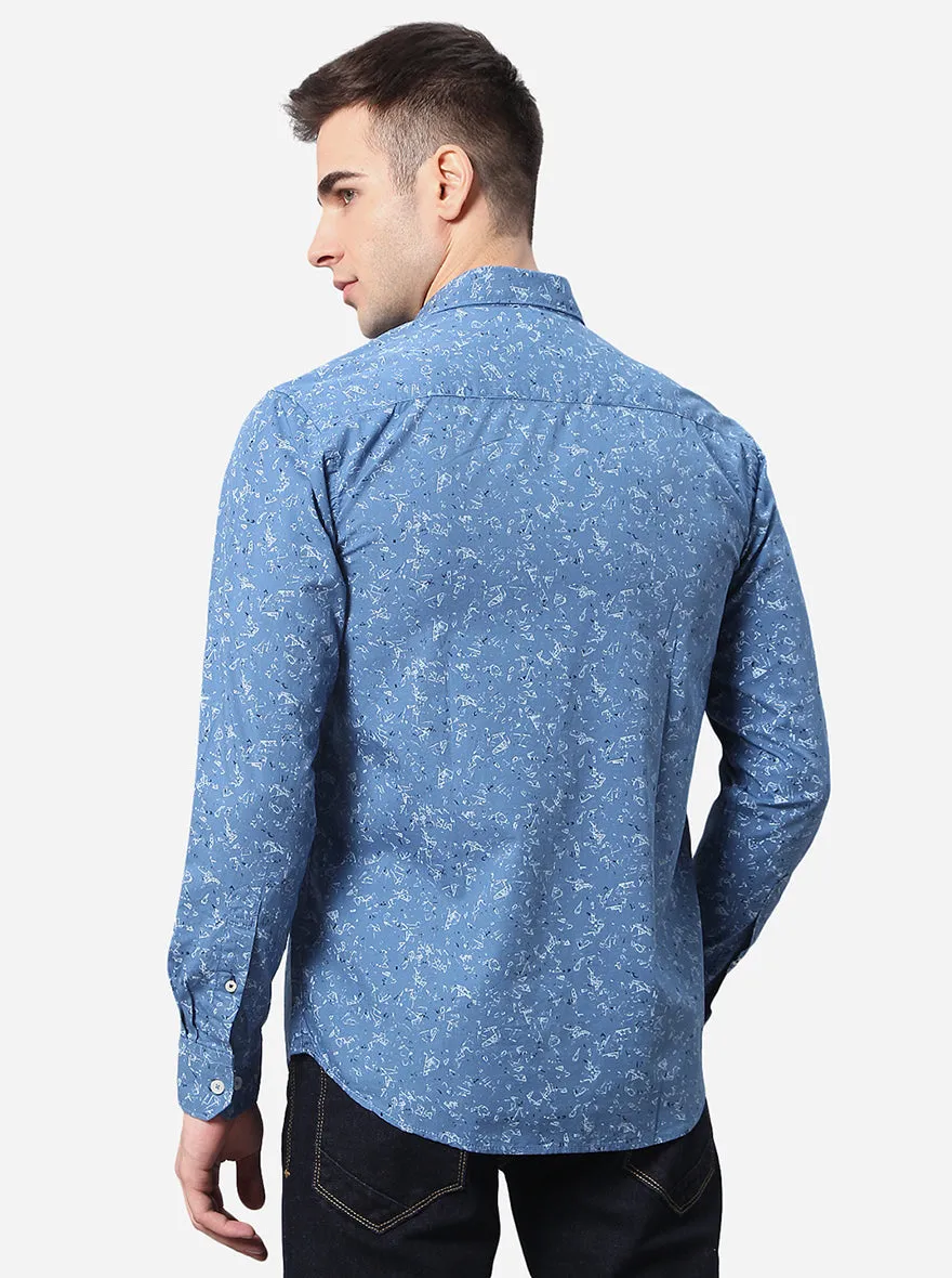 Teal Blue Printed Classic Fit Casual Shirt | Greenfibre