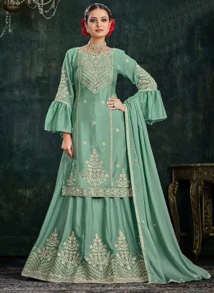 Teal Blue Sequence And Thread Embroidery Lehenga Kurti