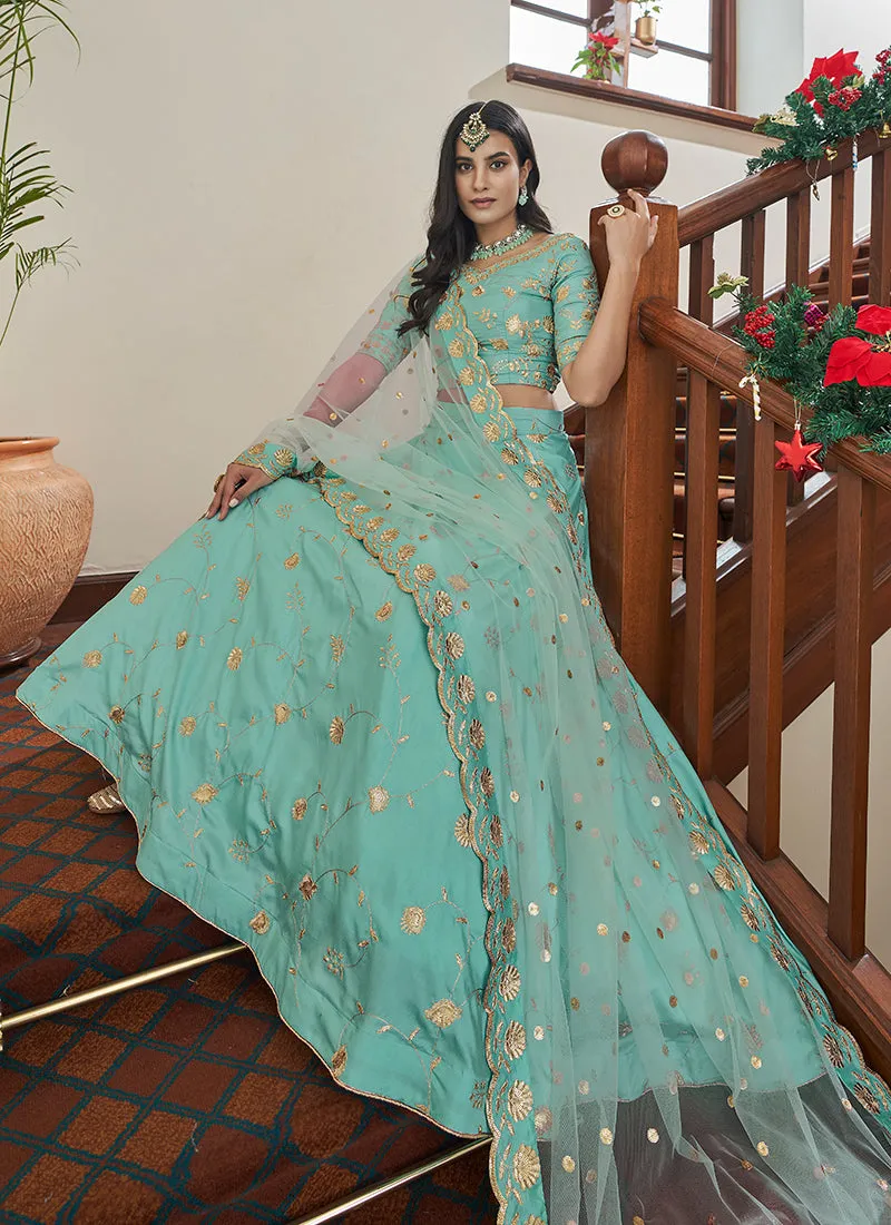 Teal Blue Sequence Embroidery Festive Lehenga Choli