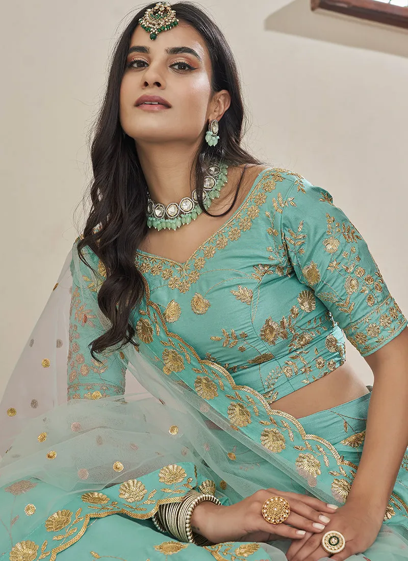 Teal Blue Sequence Embroidery Festive Lehenga Choli