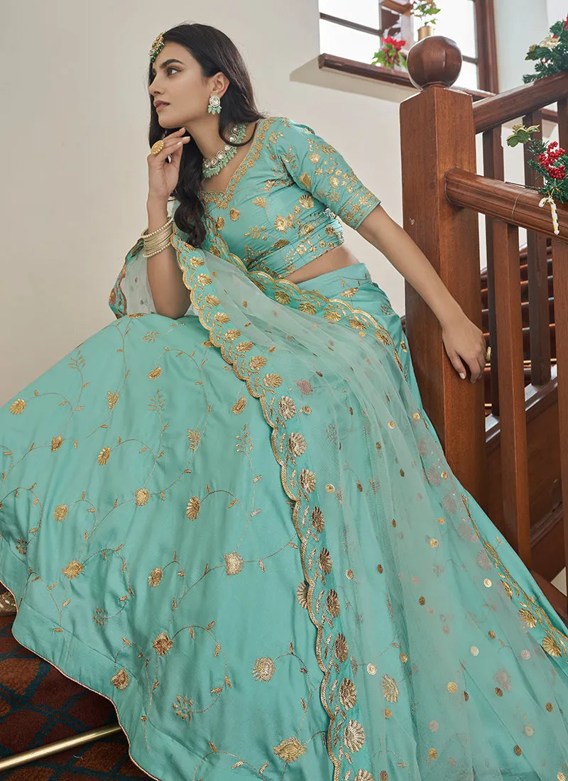 Teal Blue Sequence Embroidery Festive Lehenga Choli