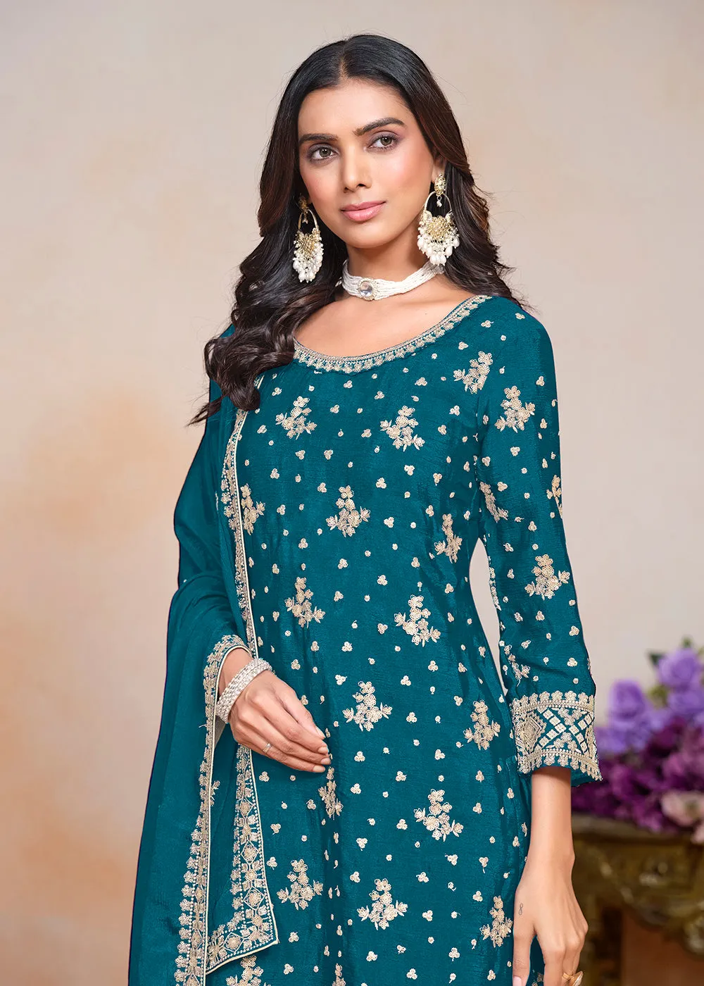 Teal Blue Sequins Embroidered Chinnon Festive Palazzo Suit