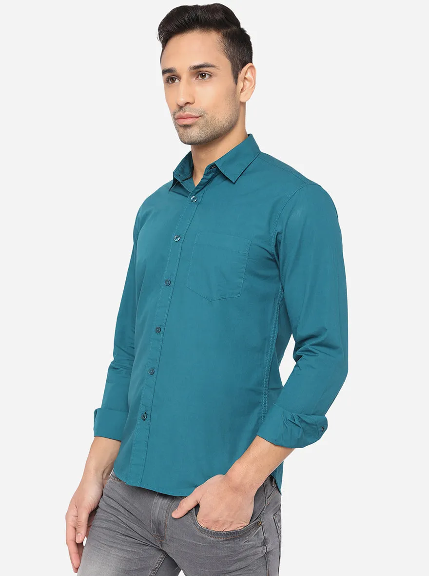 Teal Blue Solid Slim Fit Semi Casual Shirt | Greenfibre