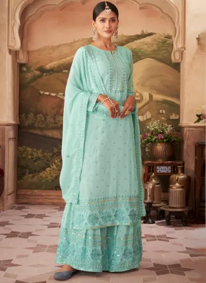 Teal Blue Traditional Embroidered Sharara Suit