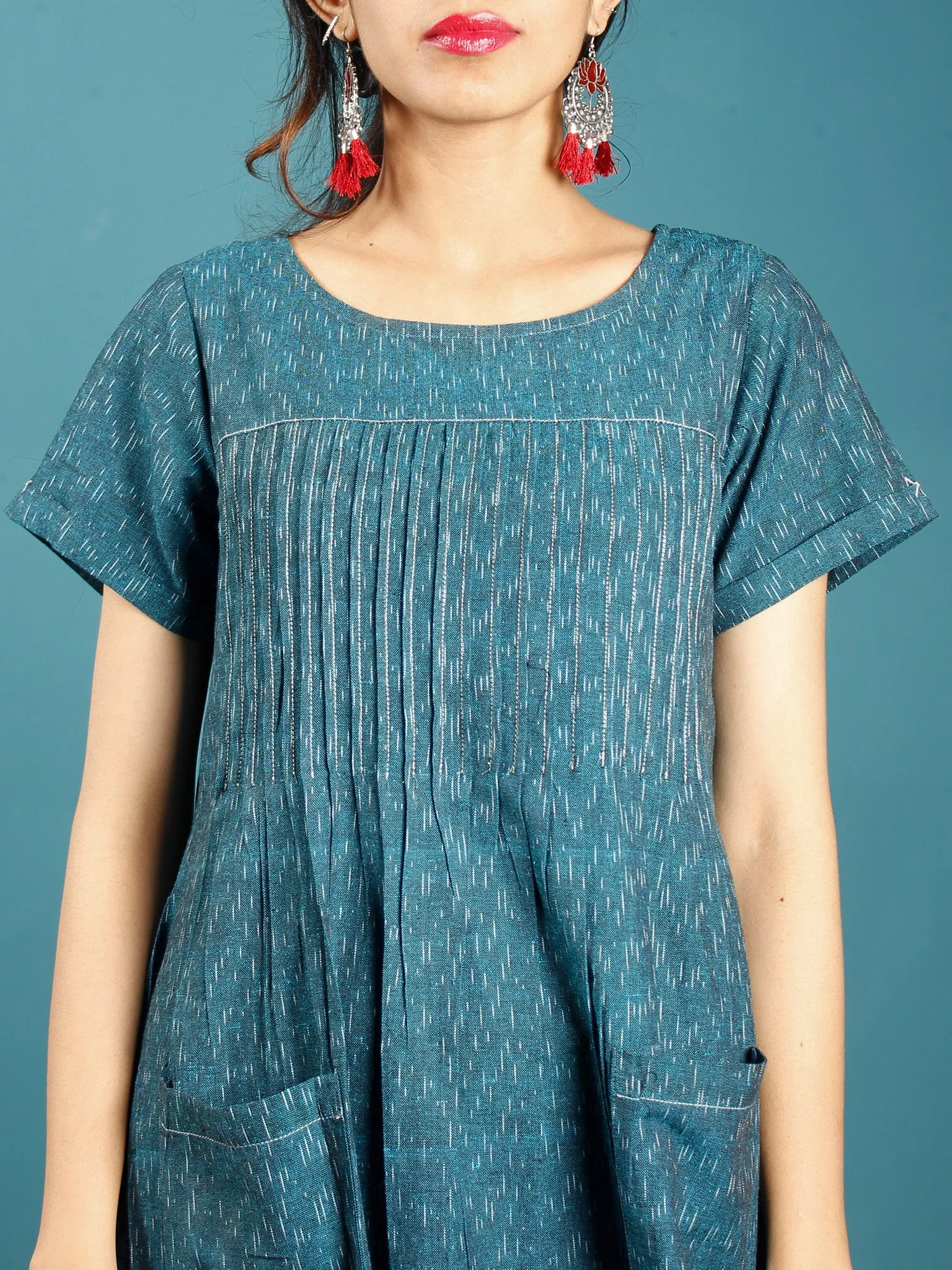 Teal Blue White Ikat Handwoven Cotton Tunic Dress With Front Pockets - D252F935