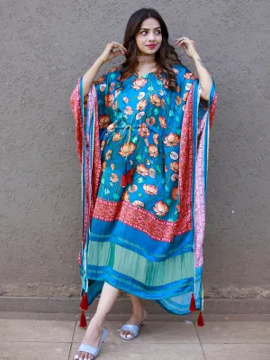 Teal Color Digital Printed Pure Gaji Silk Kaftan Dresses