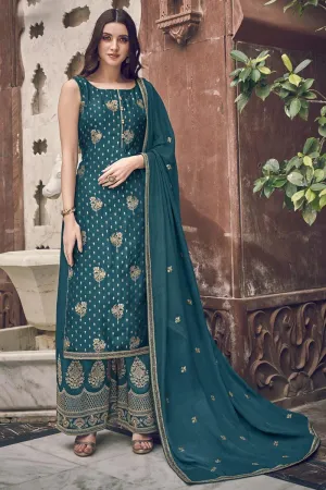 Teal Color Jacquard Embroidered Palazzo Style Suit