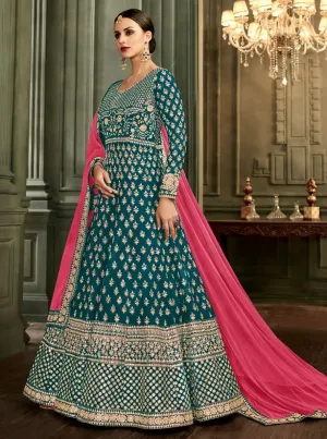 Teal Ethnic Butti Embroidered Flared Anarkali Suit