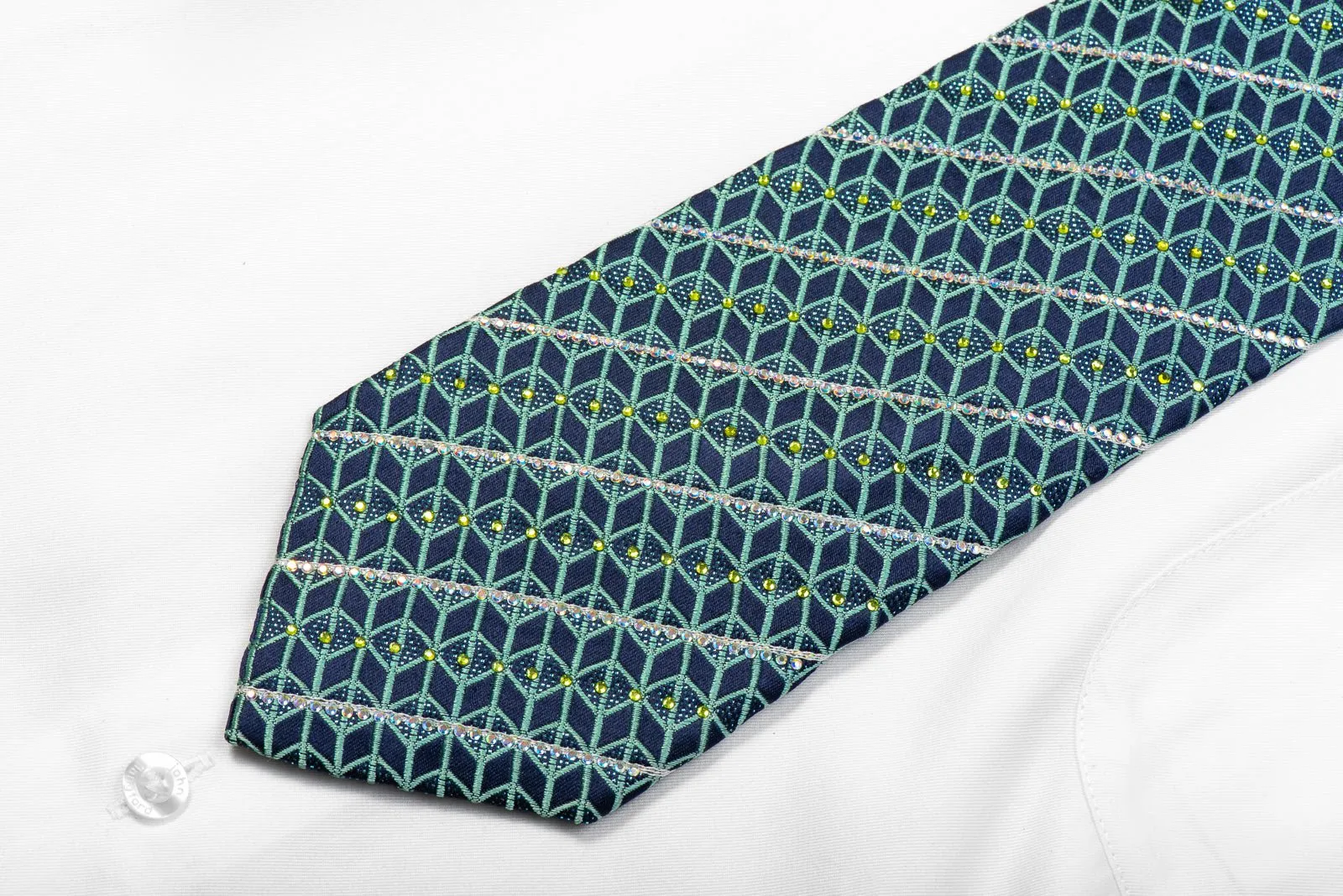 Teal Geometric Trellis On Navy Men's Rhinestone Silk Tie With Blue Sparkles