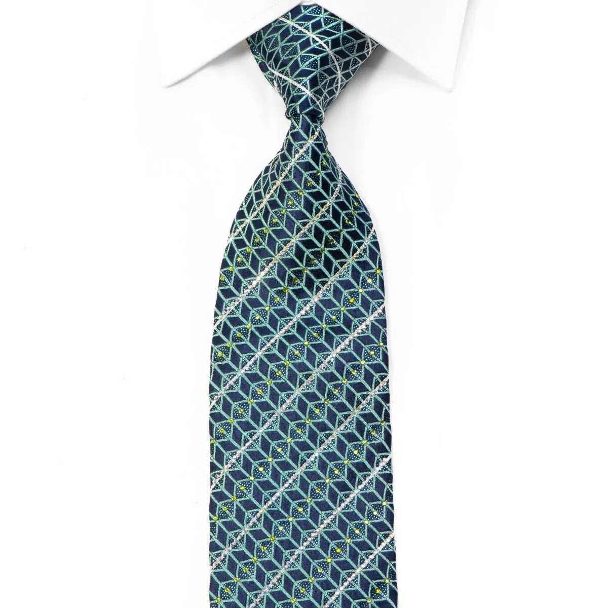 Teal Geometric Trellis On Navy Men's Rhinestone Silk Tie With Blue Sparkles