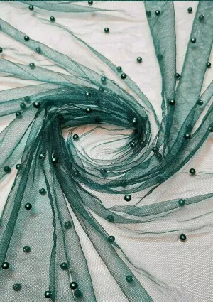 Teal Green 60" Net Fashion Studded Pearl Beaded Bridal Fabric Decoration/craft/dress/scarf