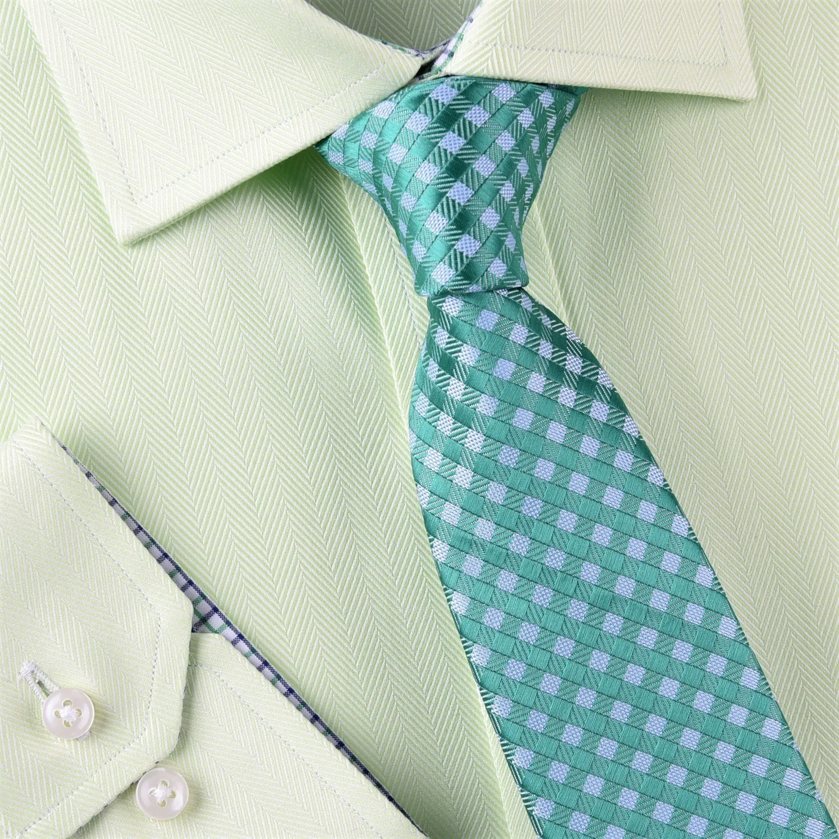 Teal Green Basketweave Light Blue Plaids & Checks Geometric Tie 3"