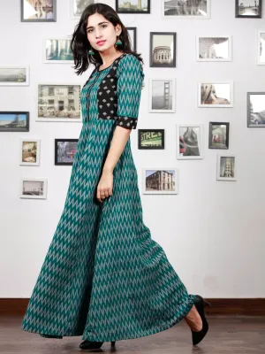 Teal Green Black Grey Handloom Mercerised Ikat Long Cotton Dress With Princess Cut - D279F1421