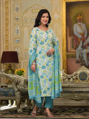 Teal Green Floral Print Straight Button Show On Yoke Kurta Trouser And Dupatta Set