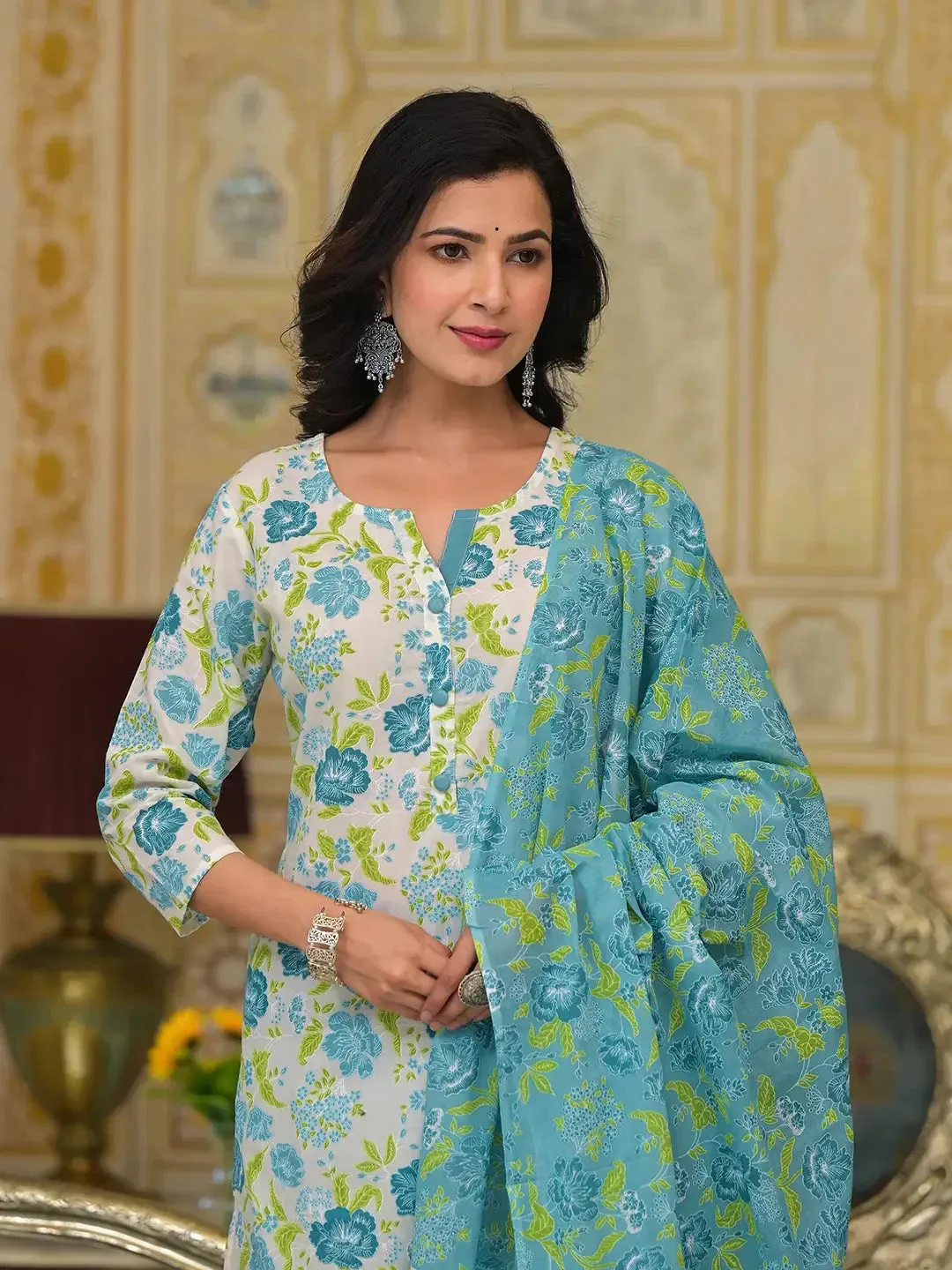 Teal Green Floral Print Straight Button Show On Yoke Kurta Trouser And Dupatta Set