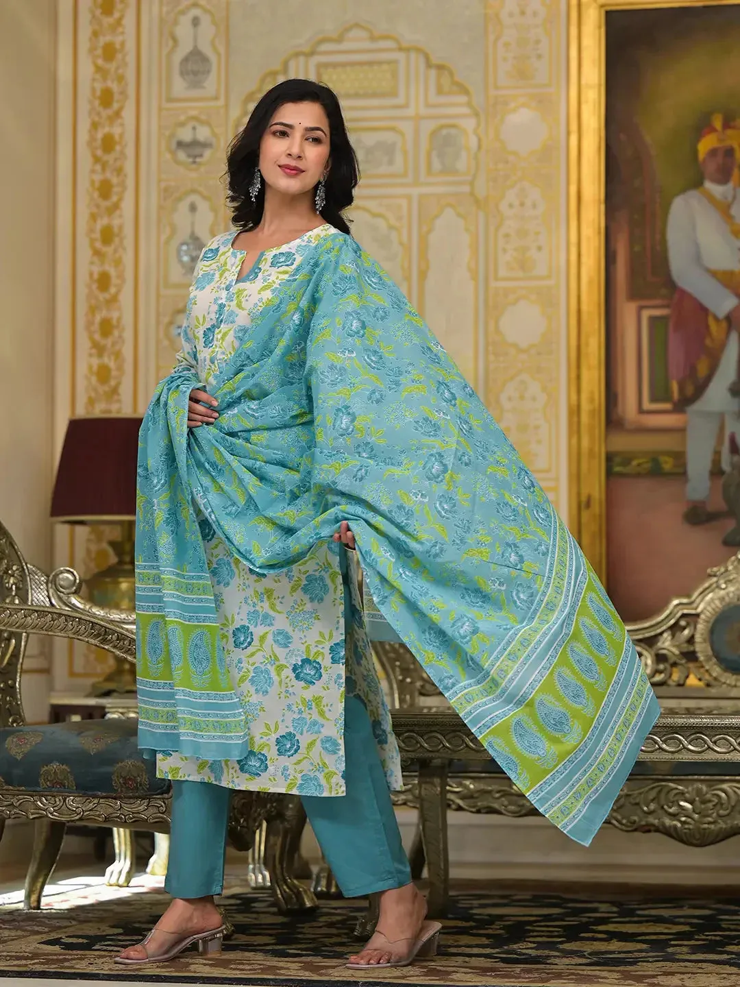 Teal Green Floral Print Straight Button Show On Yoke Kurta Trouser And Dupatta Set