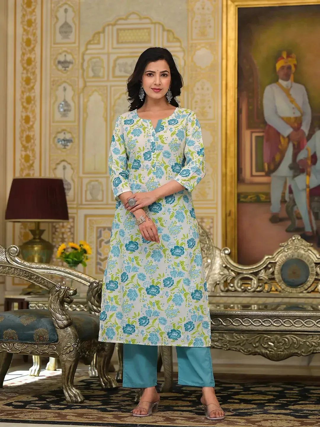 Teal Green Floral Print Straight Button Show On Yoke Kurta Trouser And Dupatta Set