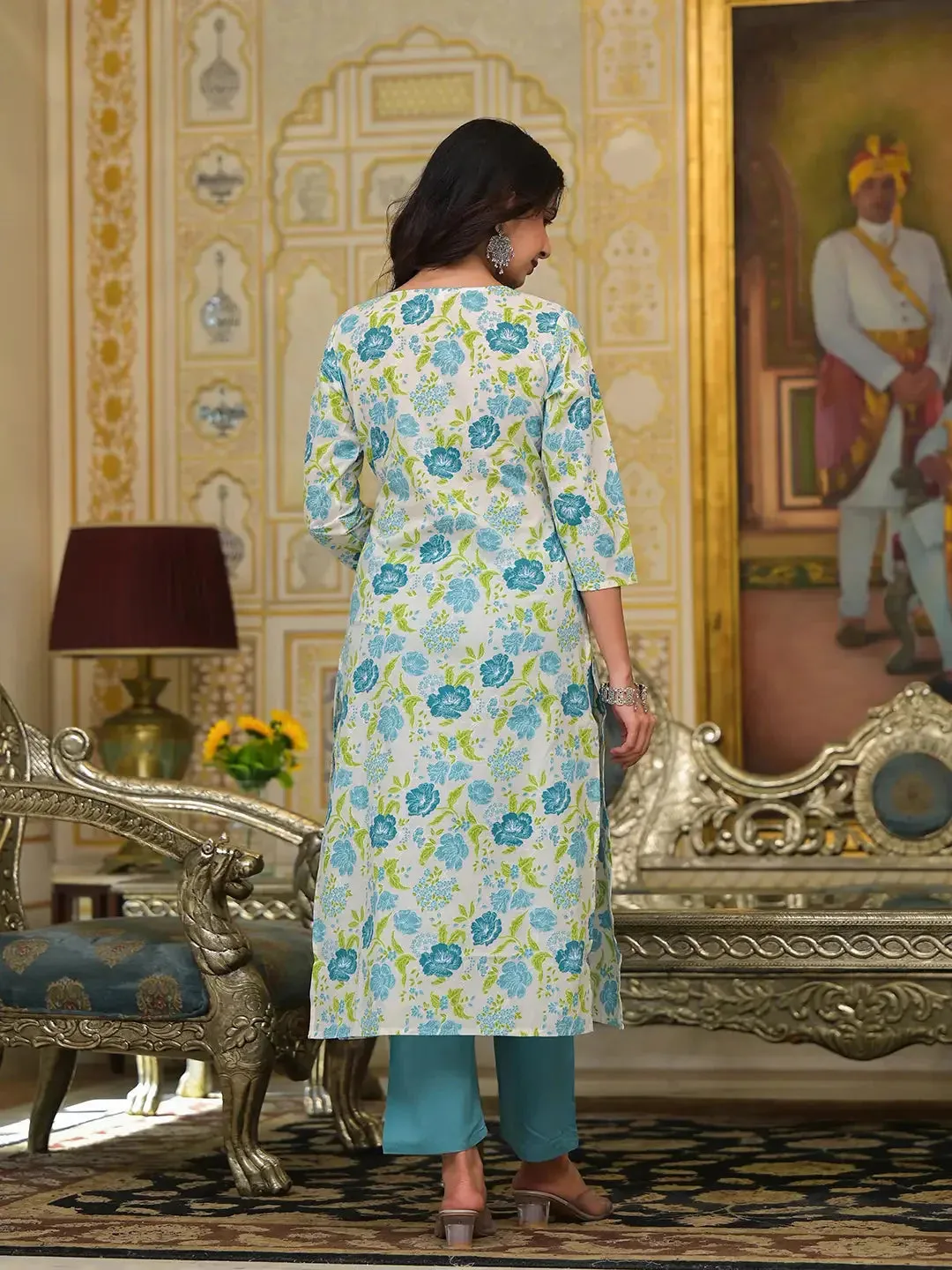 Teal Green Floral Print Straight Button Show On Yoke Kurta Trouser And Dupatta Set