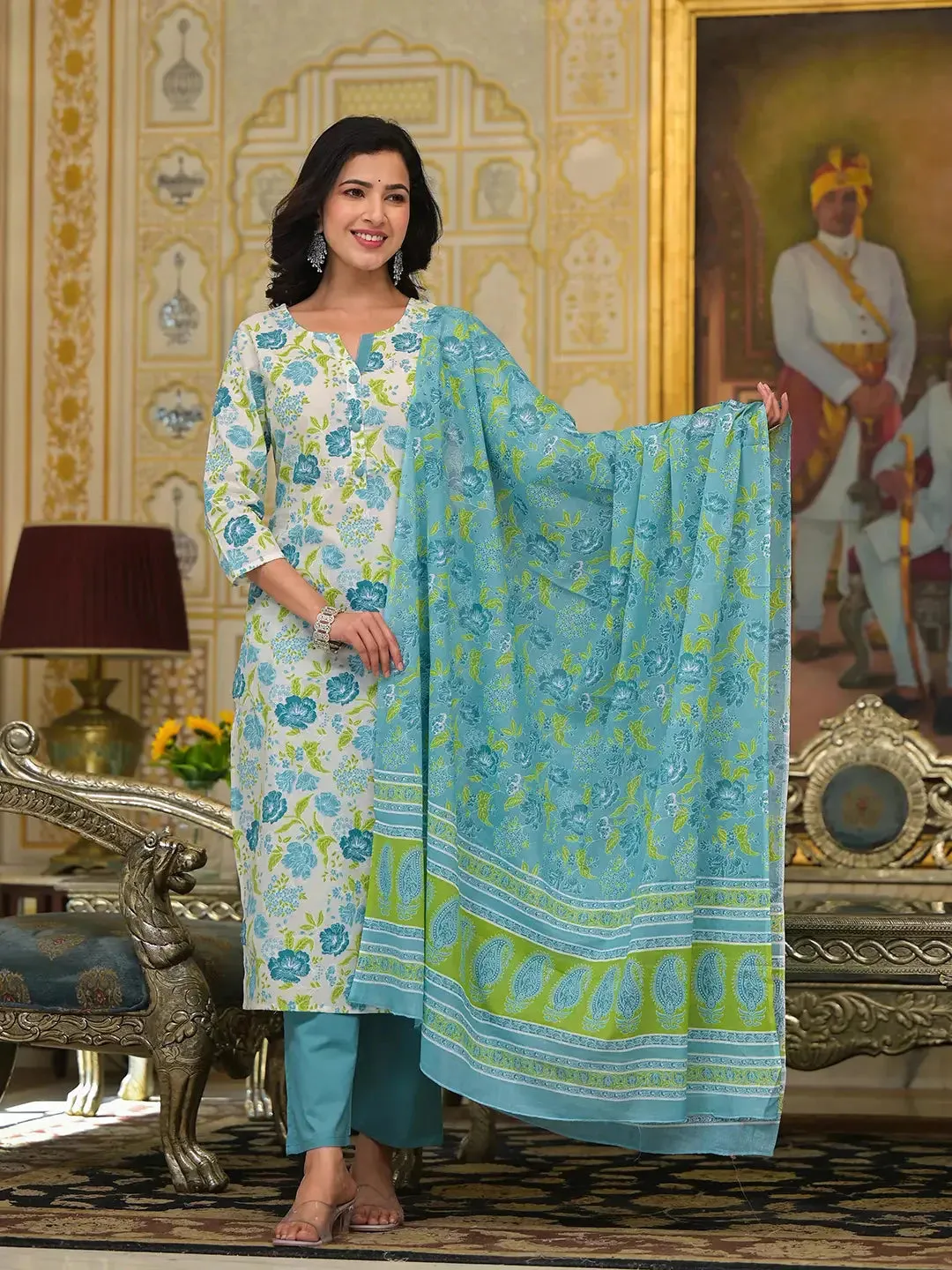 Teal Green Floral Print Straight Button Show On Yoke Kurta Trouser And Dupatta Set