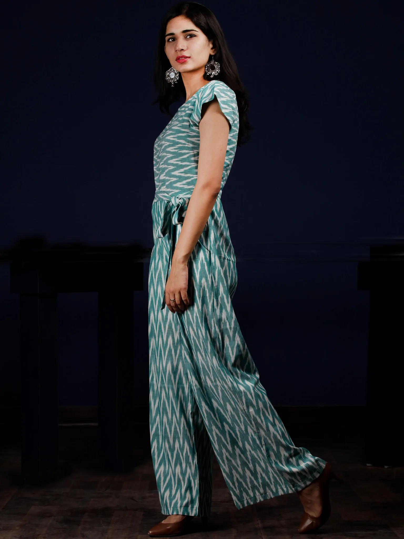 Teal Green Grey Ikat Handwoven Jumpsuit With Belt And Back Zip - D249F1253