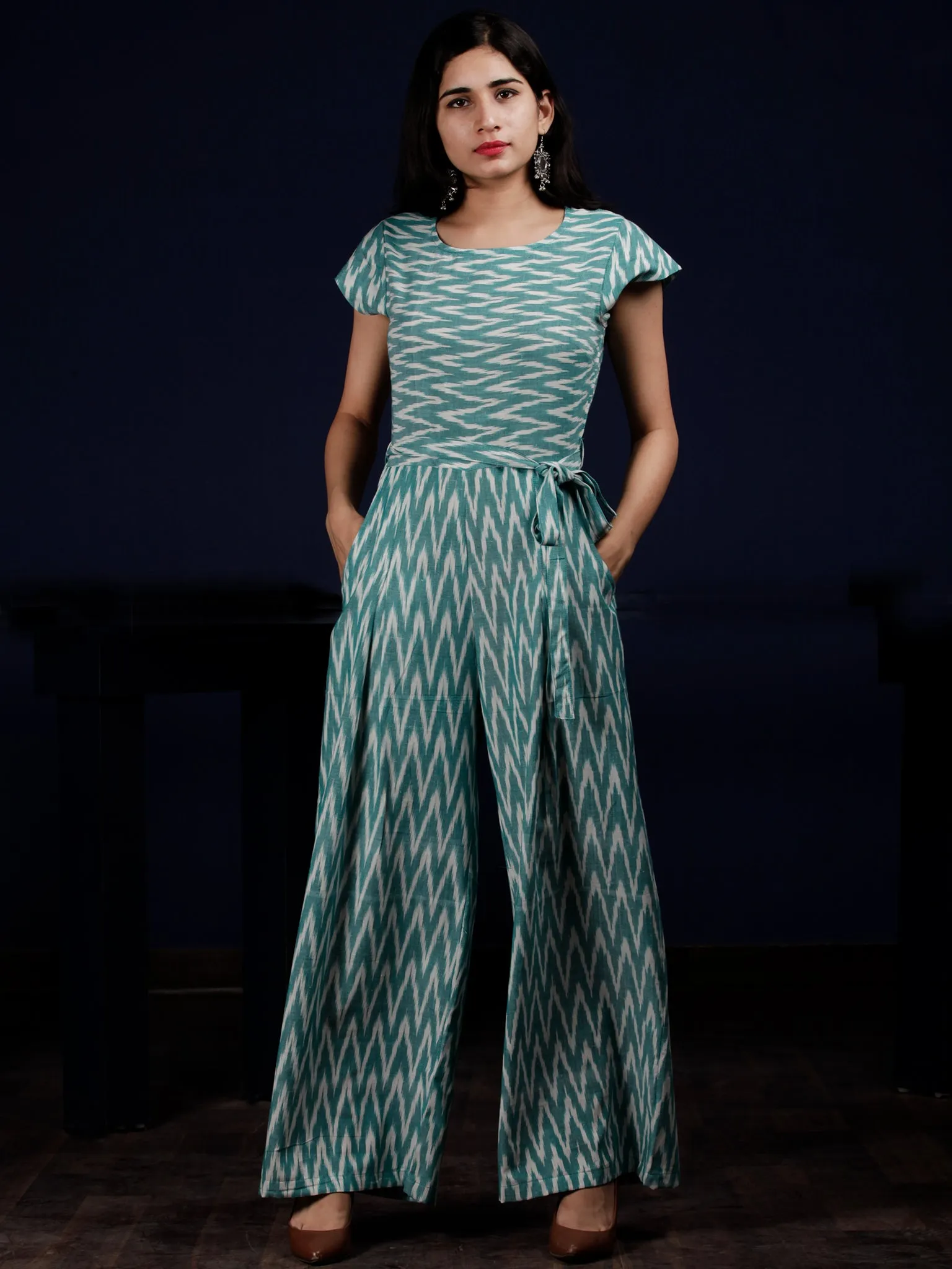 Teal Green Grey Ikat Handwoven Jumpsuit With Belt And Back Zip - D249F1253