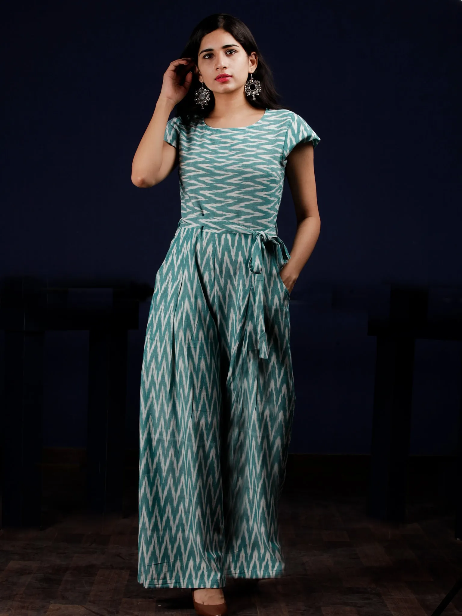 Teal Green Grey Ikat Handwoven Jumpsuit With Belt And Back Zip - D249F1253