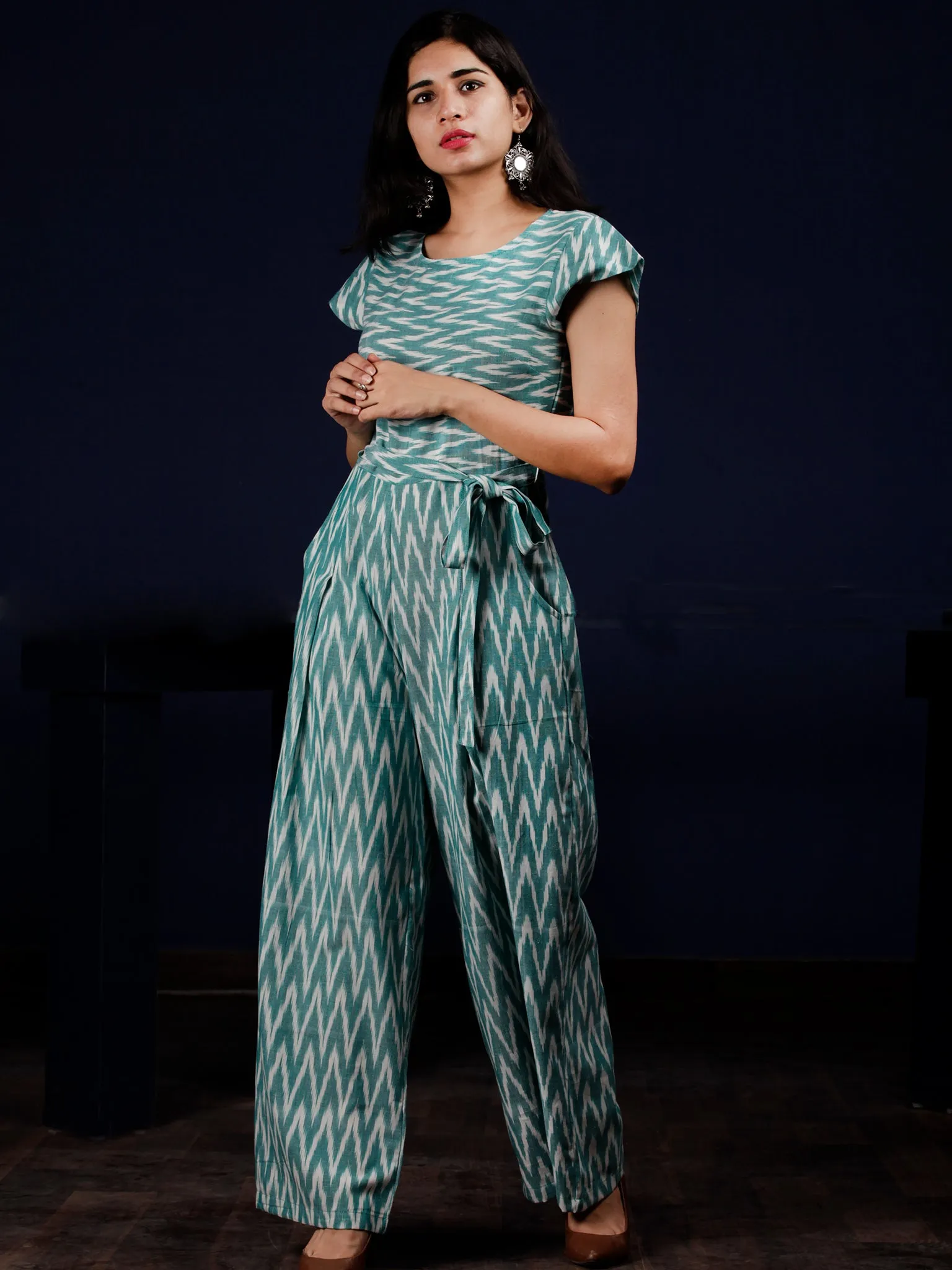 Teal Green Grey Ikat Handwoven Jumpsuit With Belt And Back Zip - D249F1253