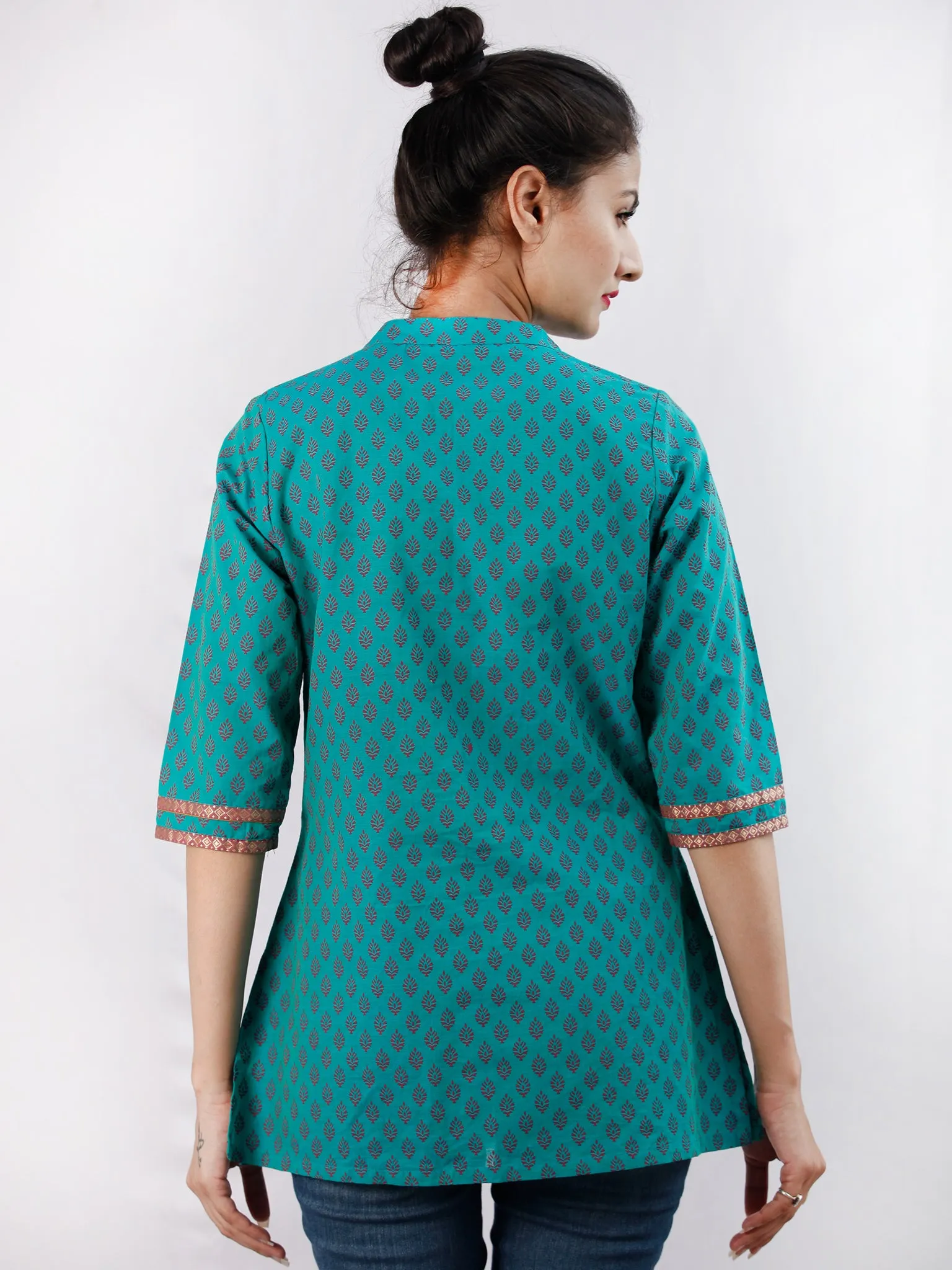 Teal Green Purple South Handloom Cotton Top With  Zari Border - T52FXXX