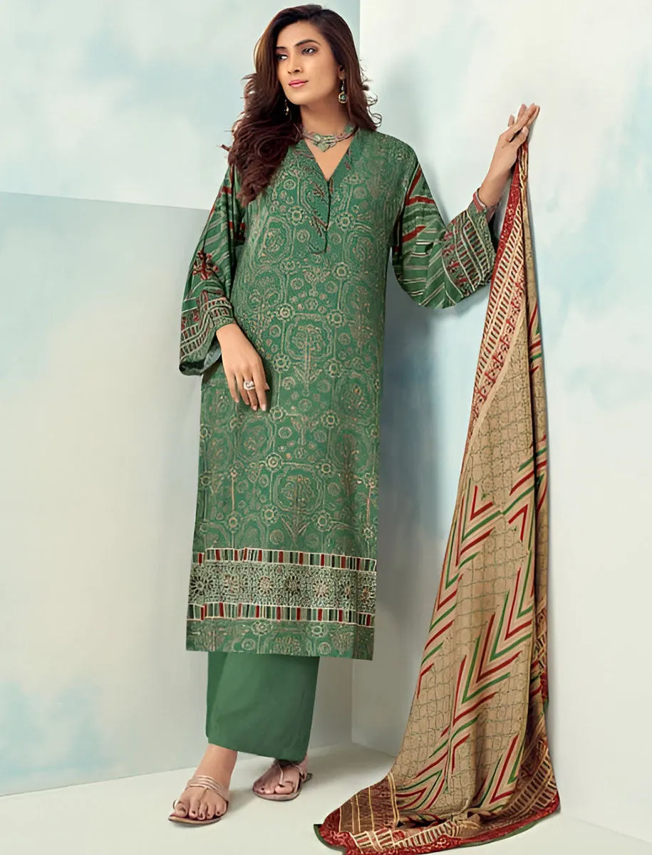 Teal Green Unstitched Printed Muslin Silk Suit Dress Material for Women