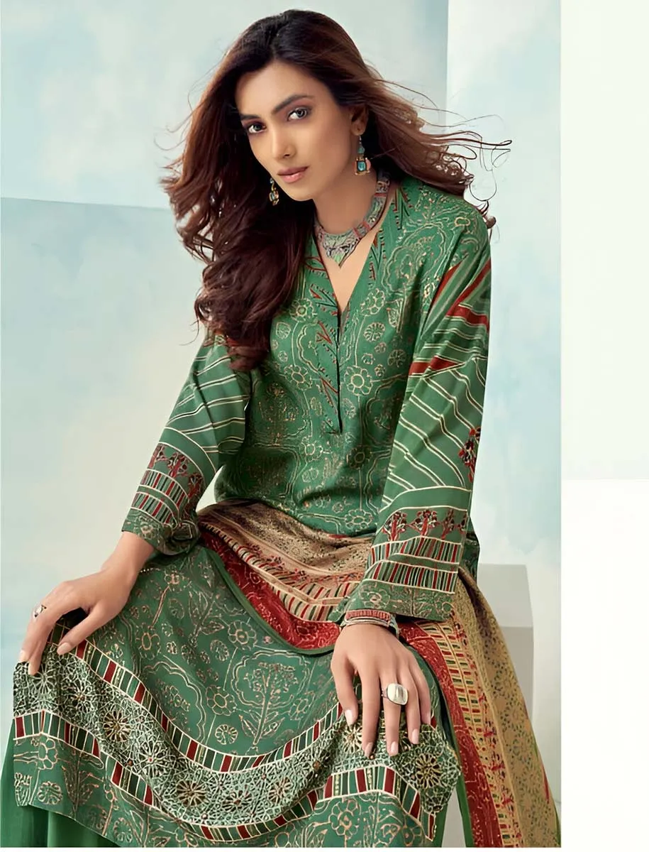 Teal Green Unstitched Printed Muslin Silk Suit Dress Material for Women