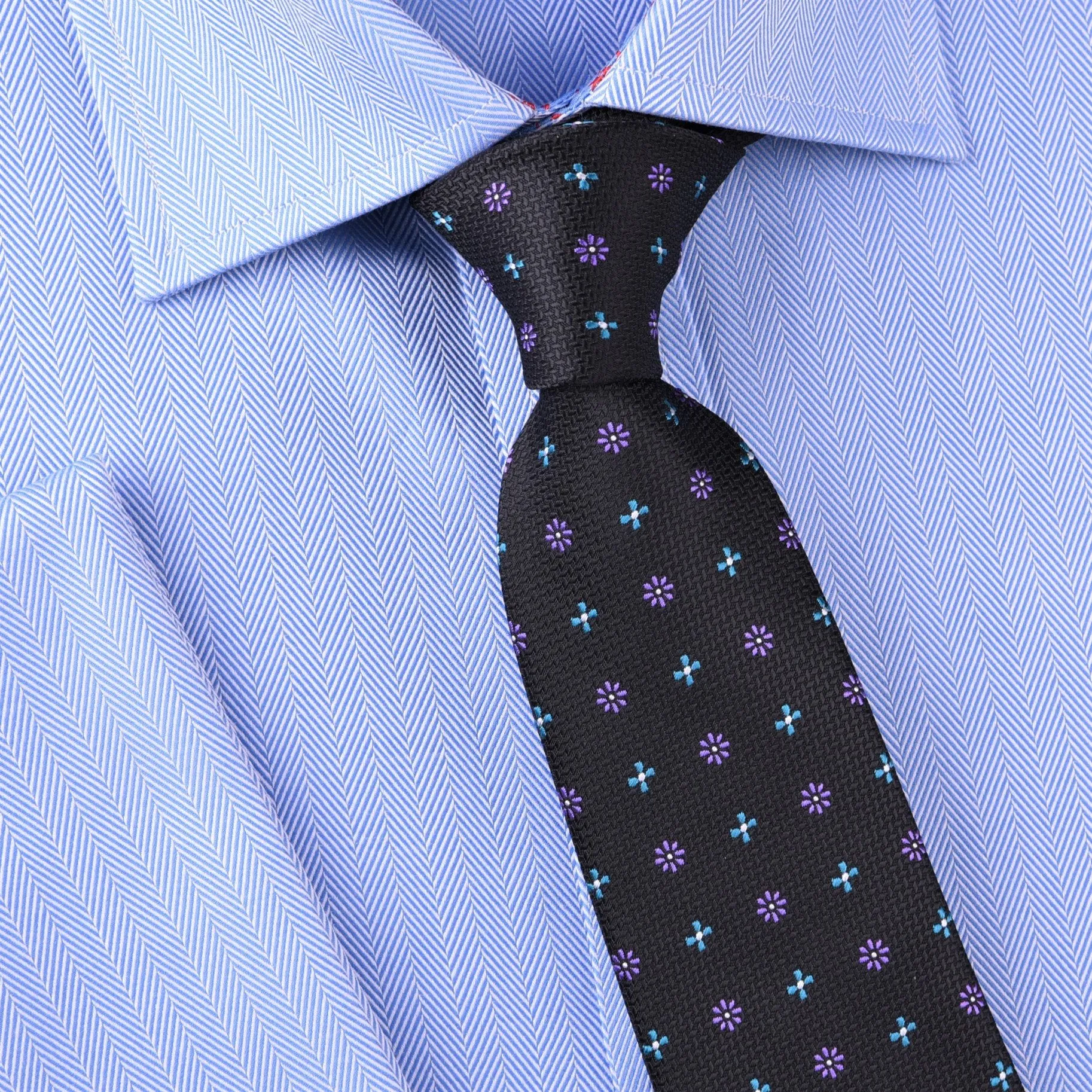 Teal No Love Daisy Contrast Full Purple Floral Black Ripple Tie 3"