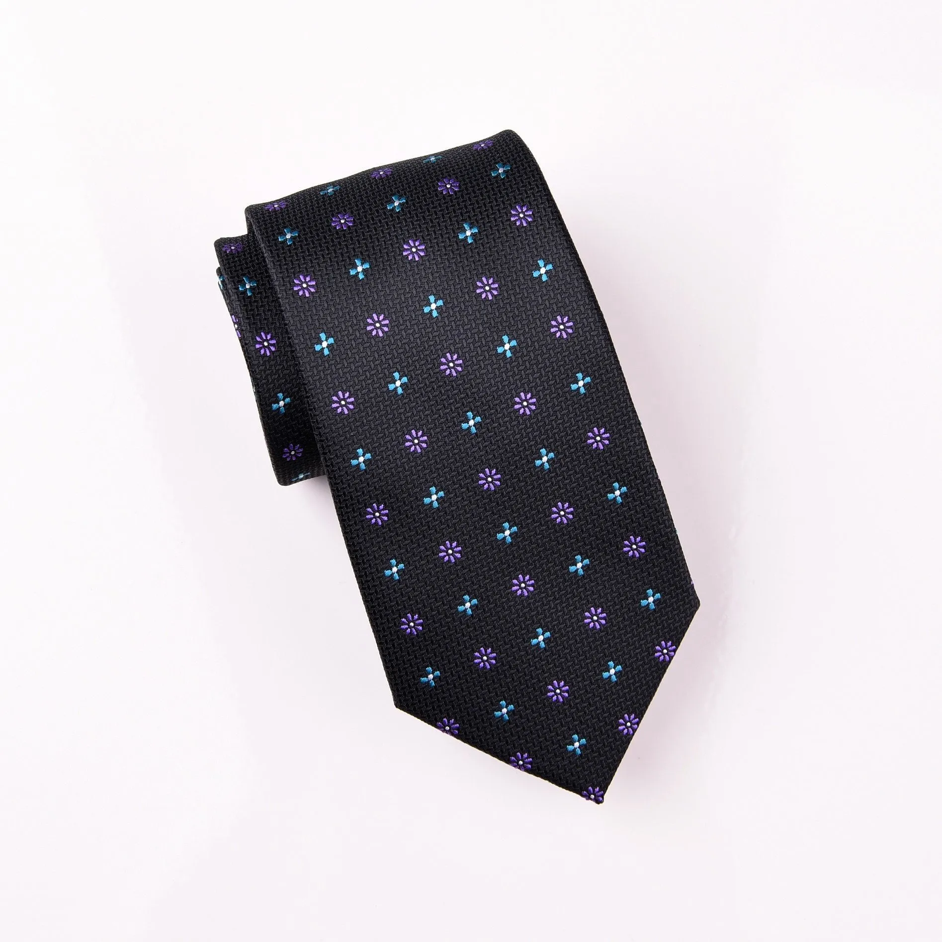 Teal No Love Daisy Contrast Full Purple Floral Black Ripple Tie 3"