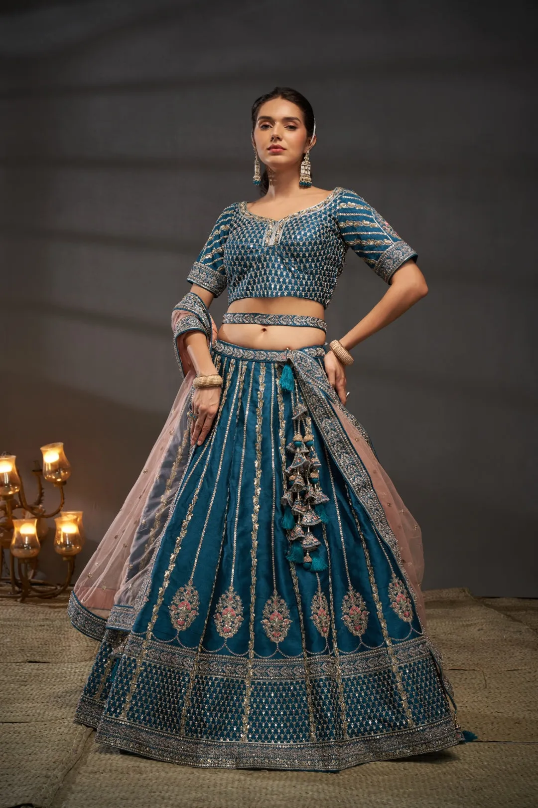 Teal Pure Silk Bridal Lehenga Choli Dupatta Set with Moti, Zarkan & Heavy Sequin Embroidery