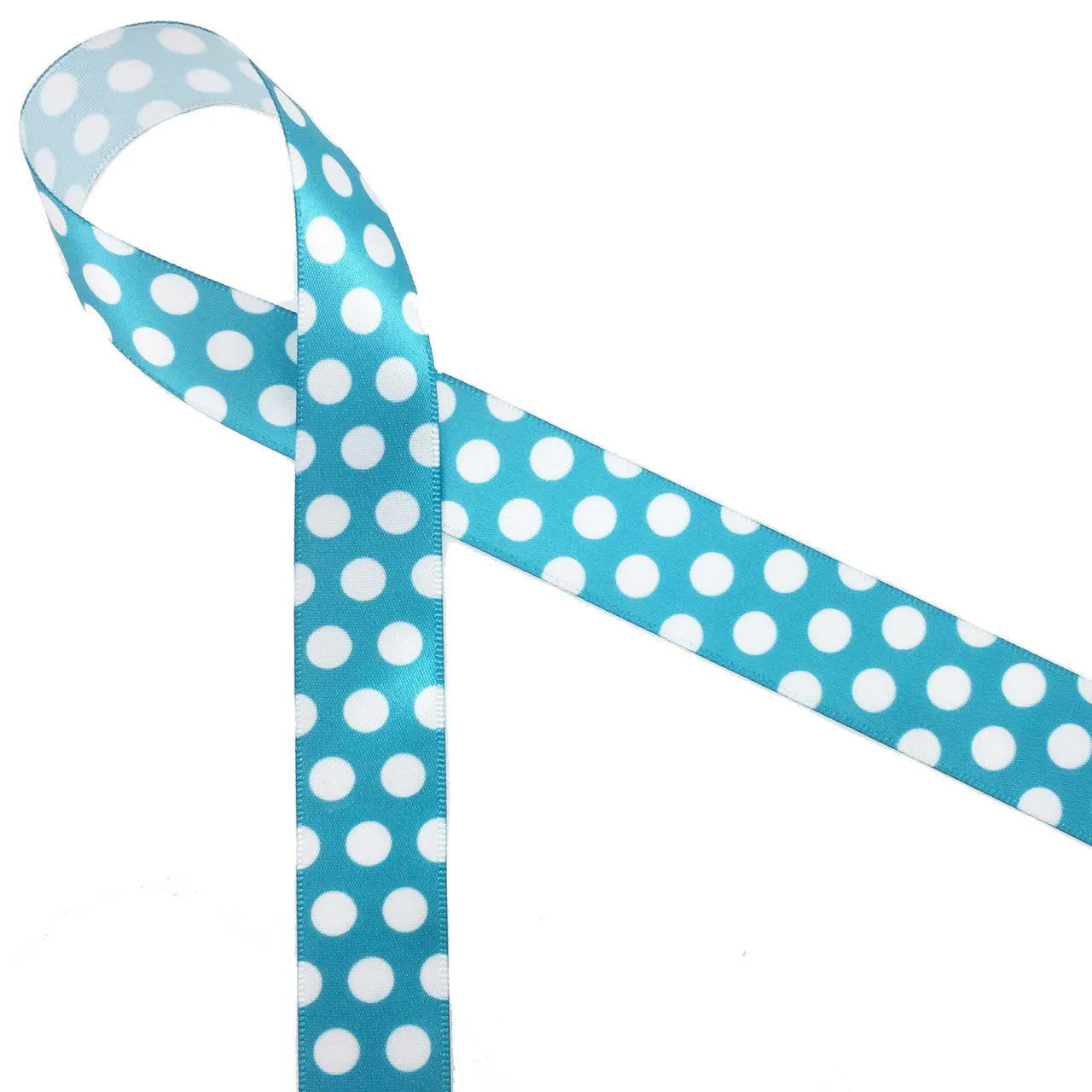 Teal ribbon with white polkadots on 7/8" white single face satin