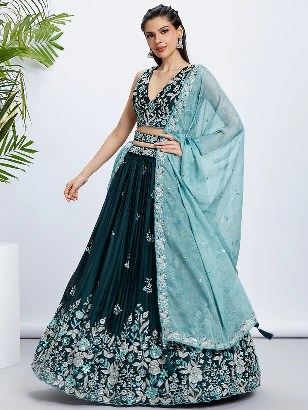 Teal Sequin and Thread Embroidery Lehenga Choli Set with Dupatta