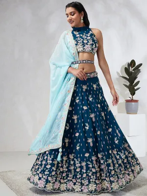 Teal Sequinned Lehenga Choli Set - Embroidered Elegance for Special Occasions