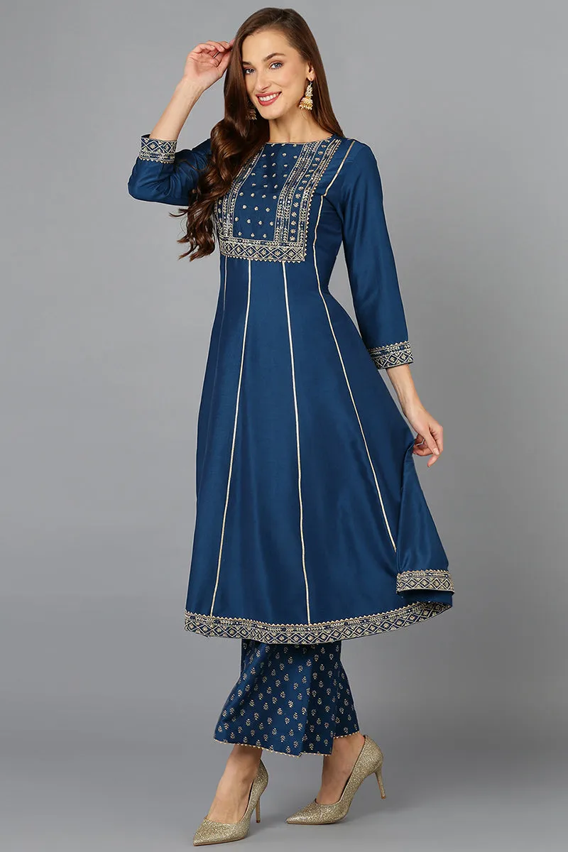 Teal Silk Blend Ethnic Motifs Anarkali Suit Set