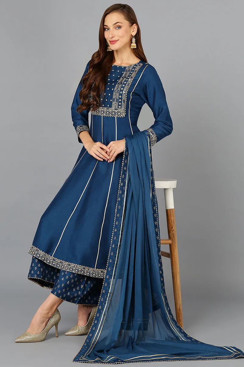 Teal Silk Blend Ethnic Motifs Anarkali Suit Set