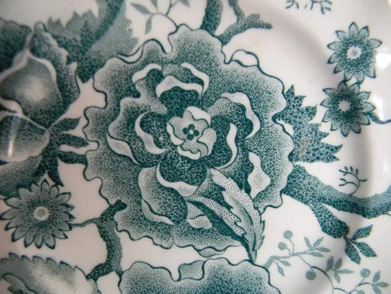 Teal Transferware Plate Cabbage Roses and Flowers