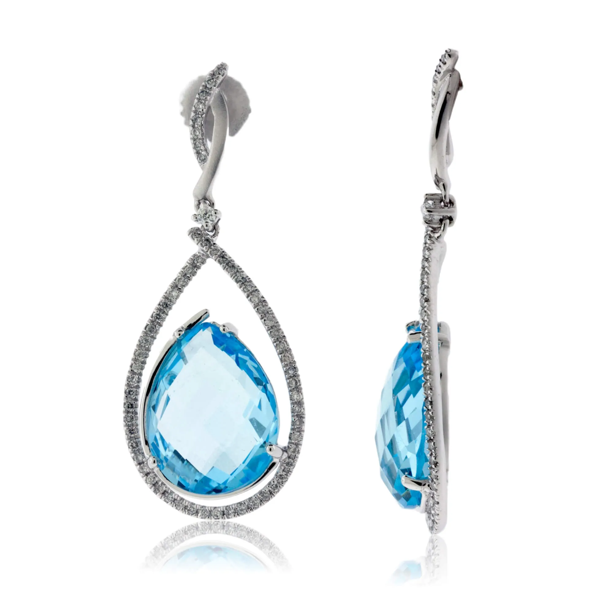 Tear Drop Blue Topaz with Diamond Halo Dangle Earrings