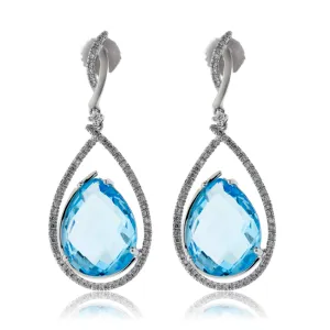 Tear Drop Blue Topaz with Diamond Halo Dangle Earrings