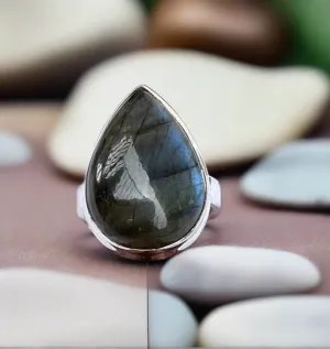 Tear Shaped Labradorite Ring Set In Sterling Silver-Size 7