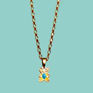 Teddy Bear charm Goldfilled necklace. Cute gold plated bridesmaid necklace, blue enameled.