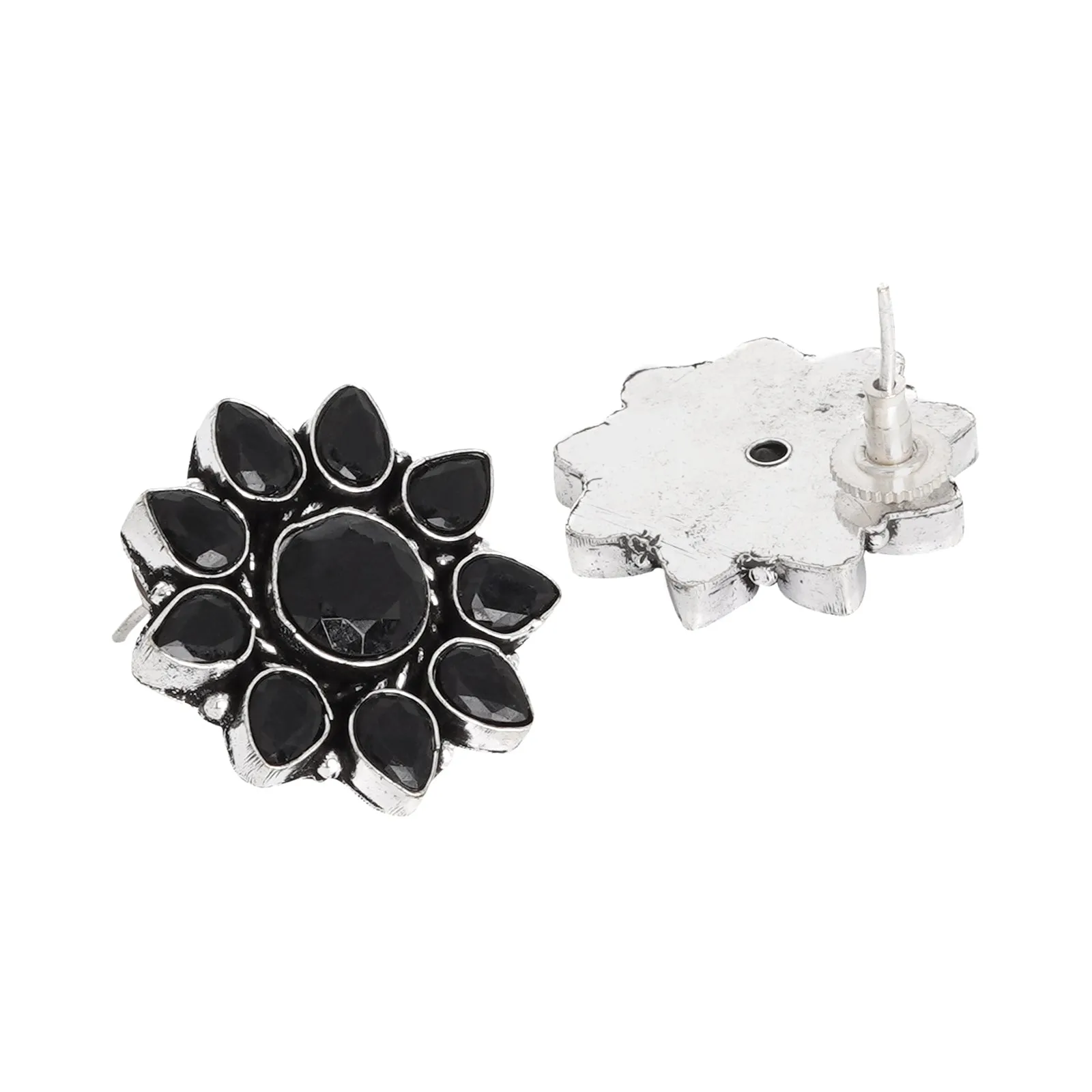 Teejh Hrida Black Stone Silver Oxidised Stud Earrings