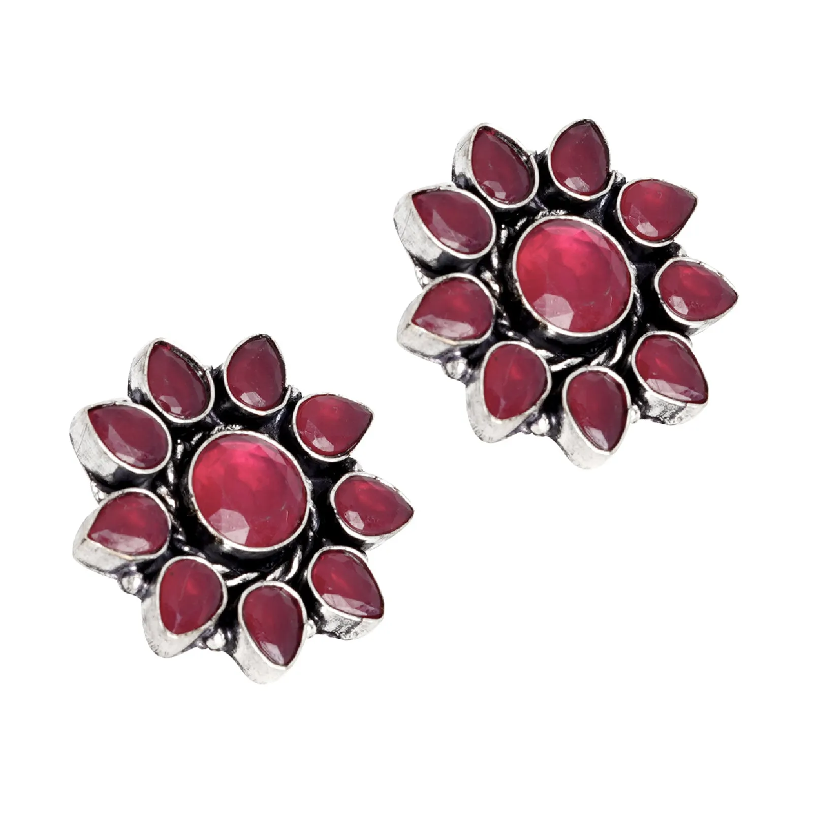 Teejh Hrida  Pink Stone Silver Oxidised Stud Earrings