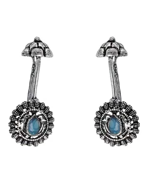 Teejh Nitara Light Blue Stone Silver Oxidsed Clip On Bugadi For Women