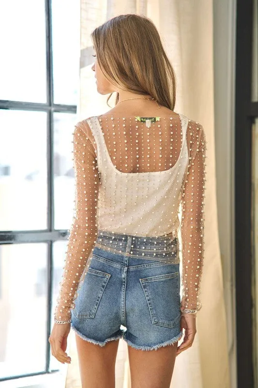 TEEK - Bead and Pearl Embellished Mesh Top