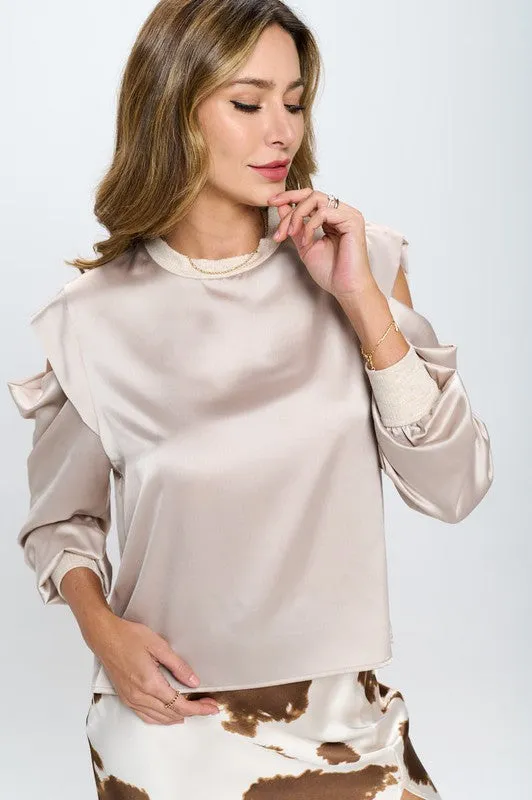 TEEK - Beige Satin Stretch Peep Shoulder Sweatshirt